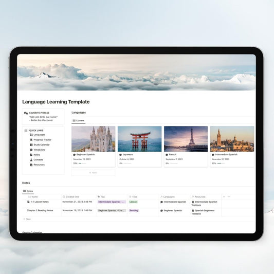 language learning hub notion template