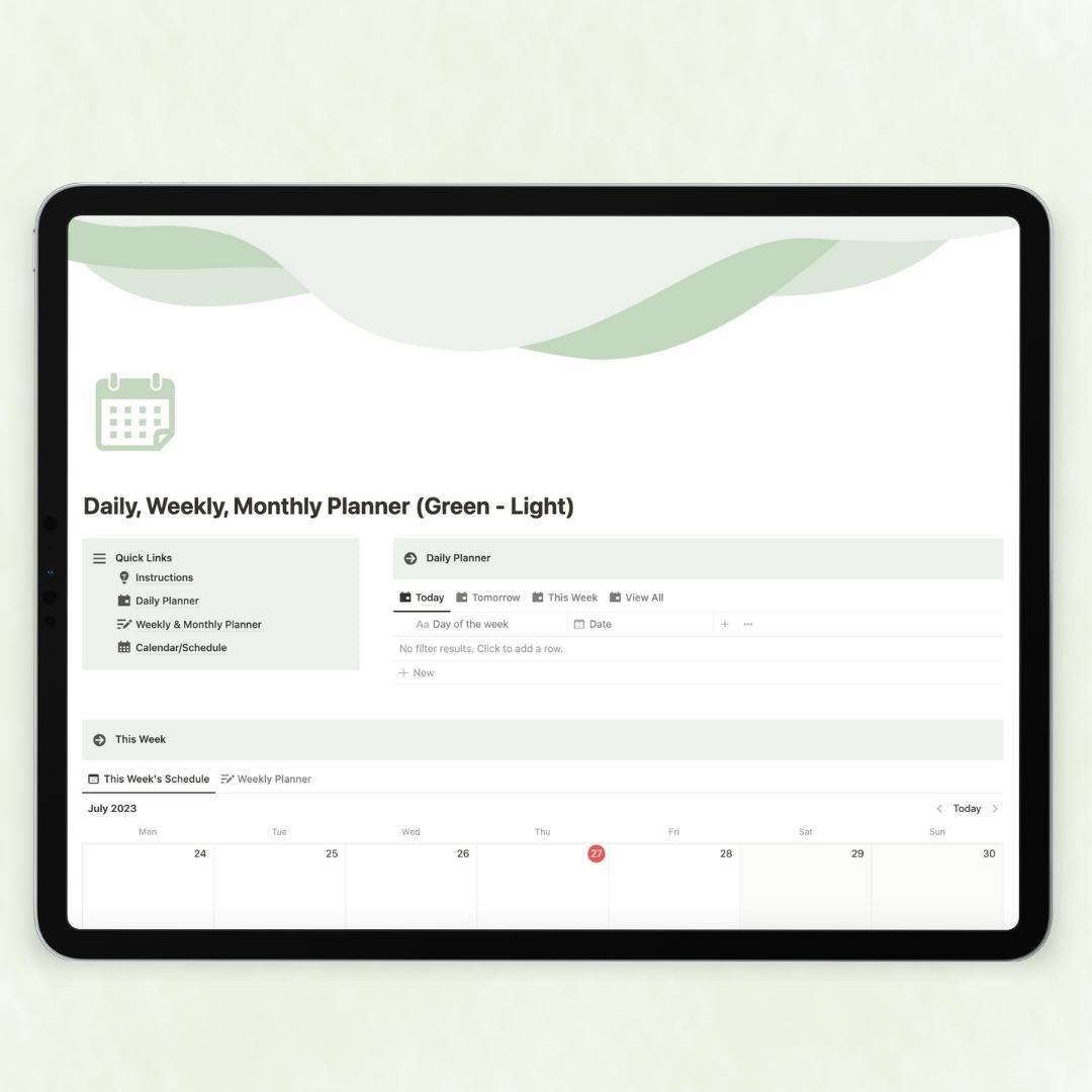 daily, weekly, monthly planner notion template