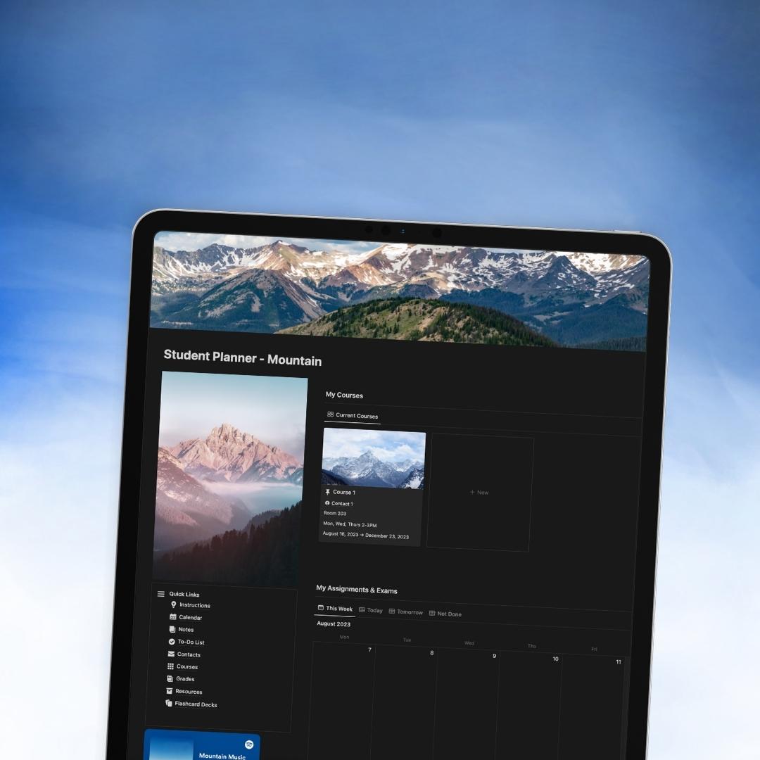 student planner notion template mountain theme