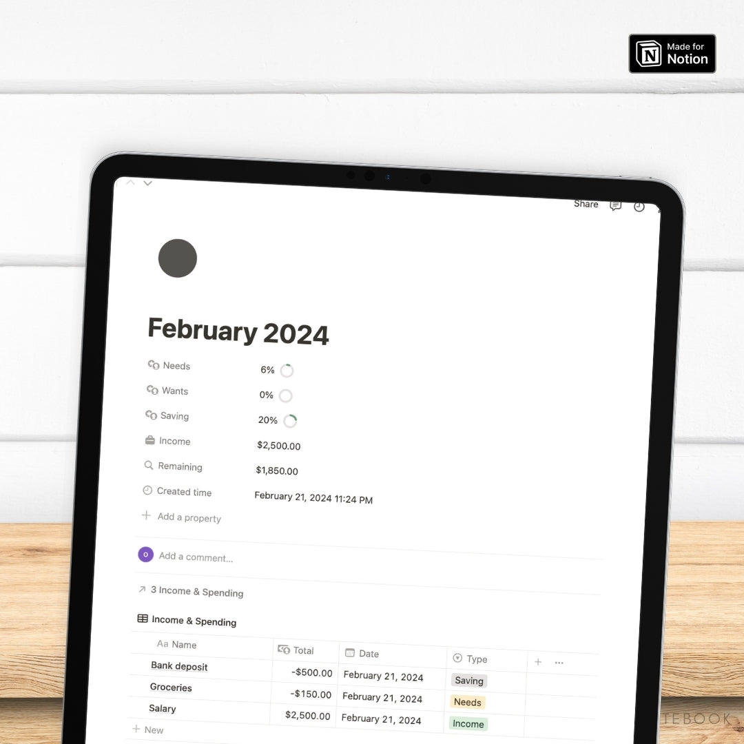 50/30/20 Finance & Budget Tracker Notion Template