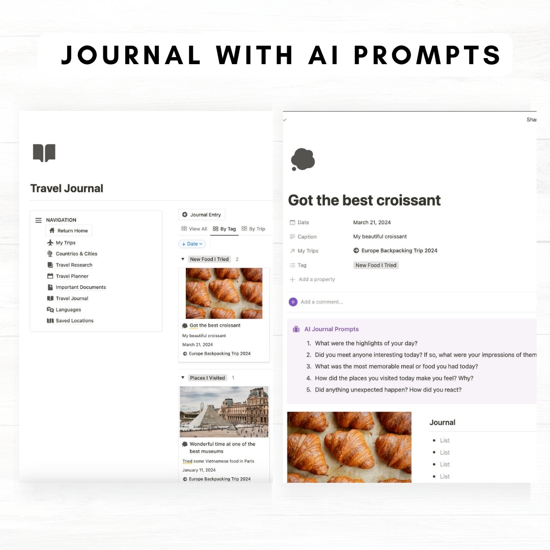 Ultimate travel journal and planner notion template with AI