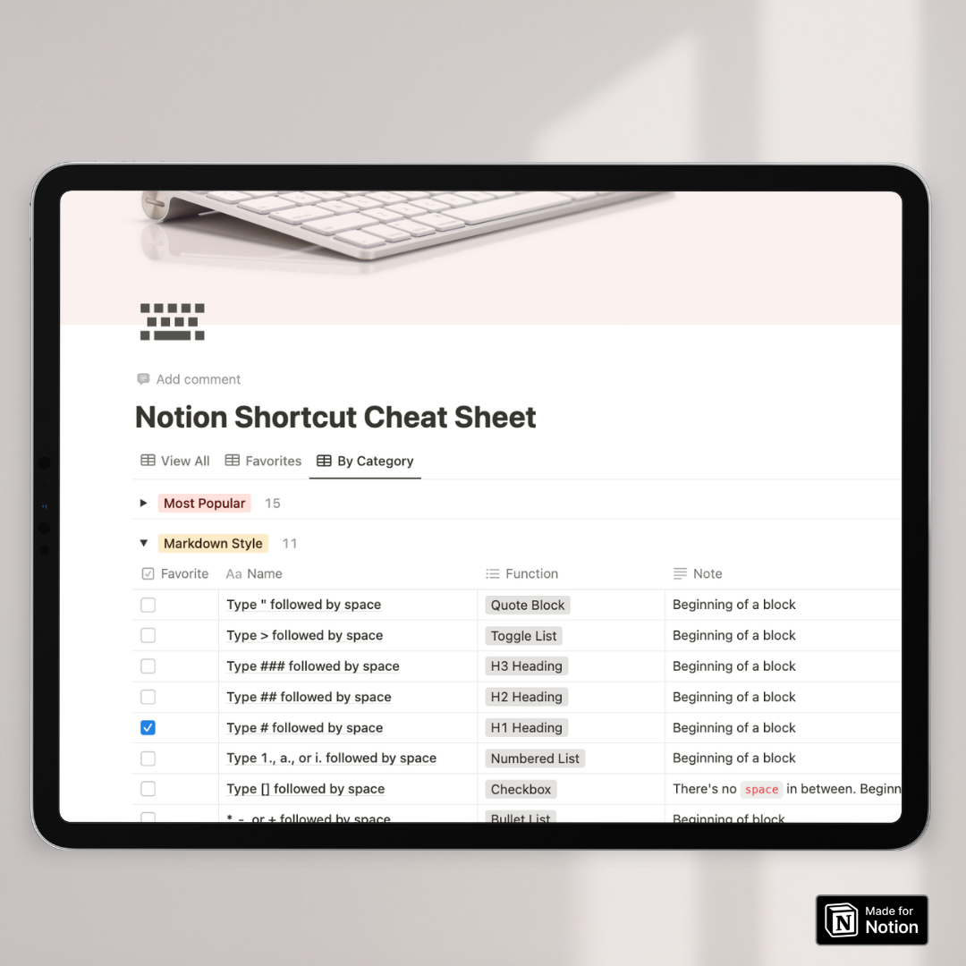 Notion Cheat Sheet: Keyboard Shortcuts