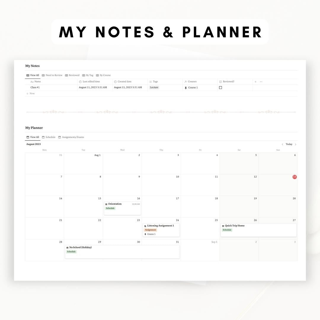 light academia notion student planner