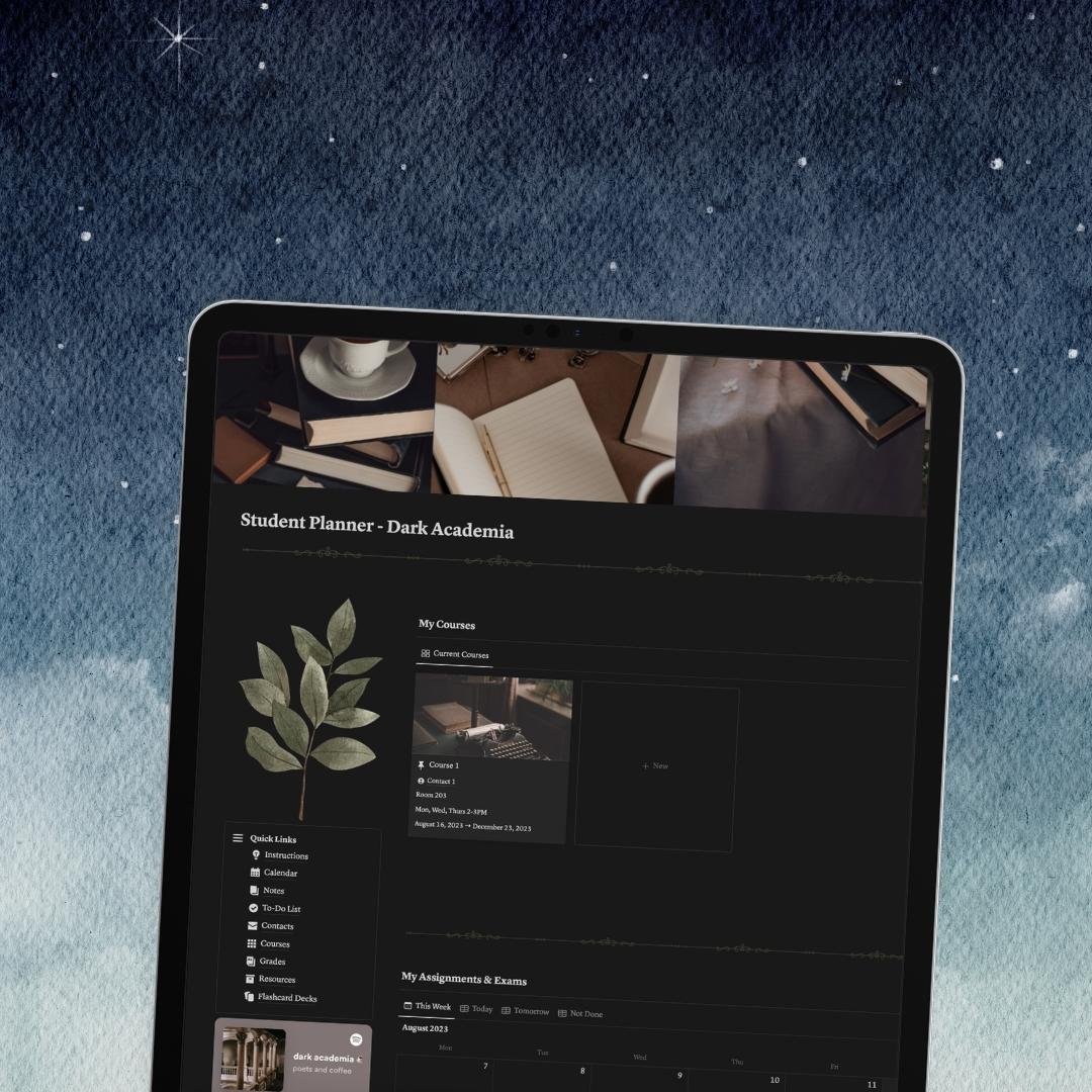dark academia student planner notion template