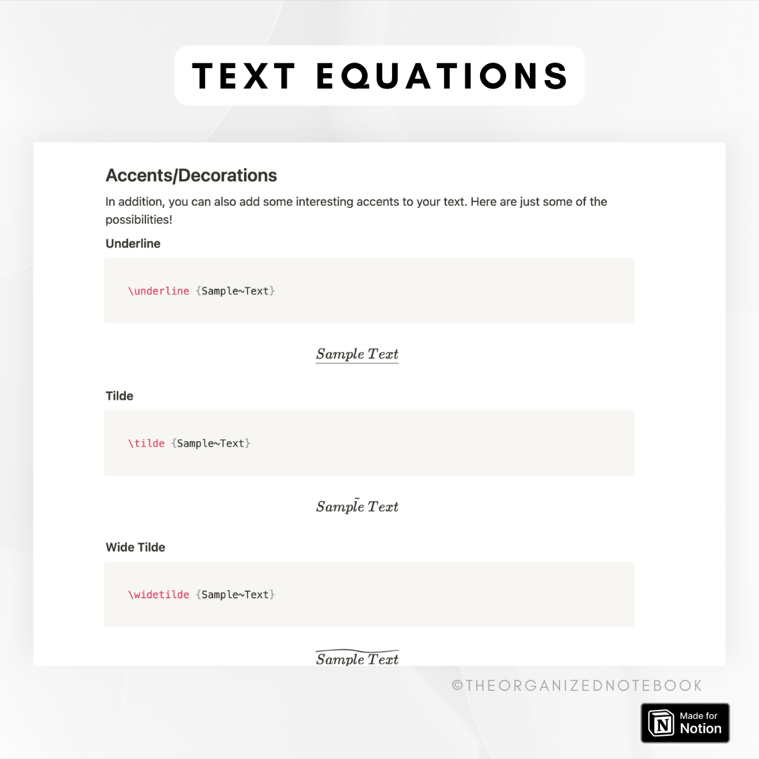 Notion Text & Font Cheat Sheet: KaTex & Equation Guide – The Organized ...