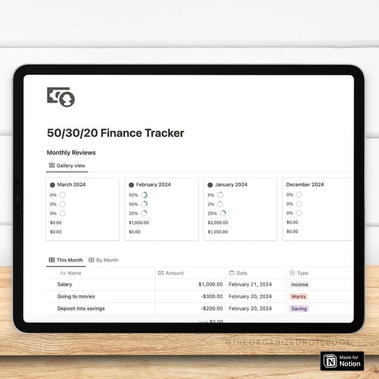 50/30/20 Finance & Budget Tracker Notion Template