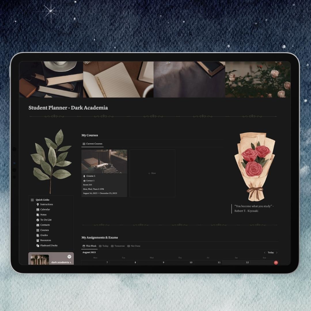 dark academia student planner notion template