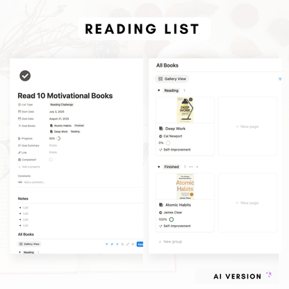 Book Library & Reading Journal (Premium + AI) Notion Template